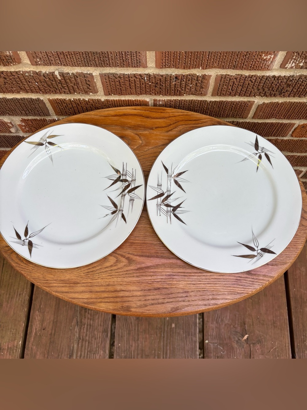 Kutani Vintage China Gray Silver Bamboo Platinum Trim Dinner Plate Japan 2 pc